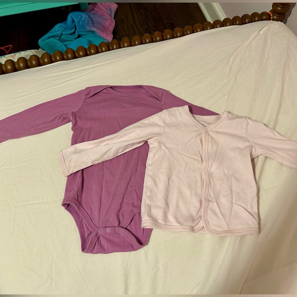 Pink and Purple Baby Onesie and Cardigan Set bundle